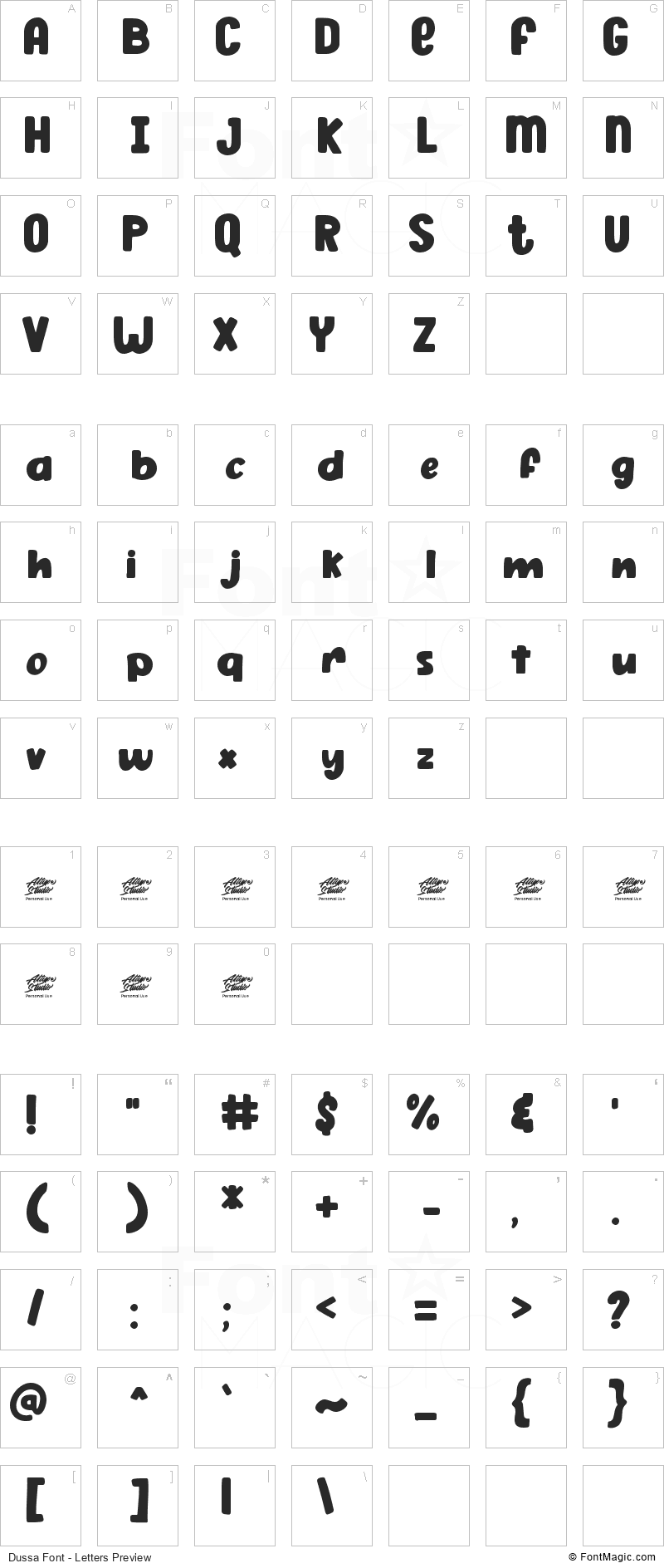 Dussa Font - All Latters Preview Chart