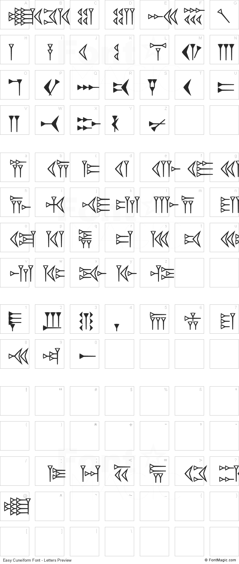 Easy Cuneiform Font - All Latters Preview Chart