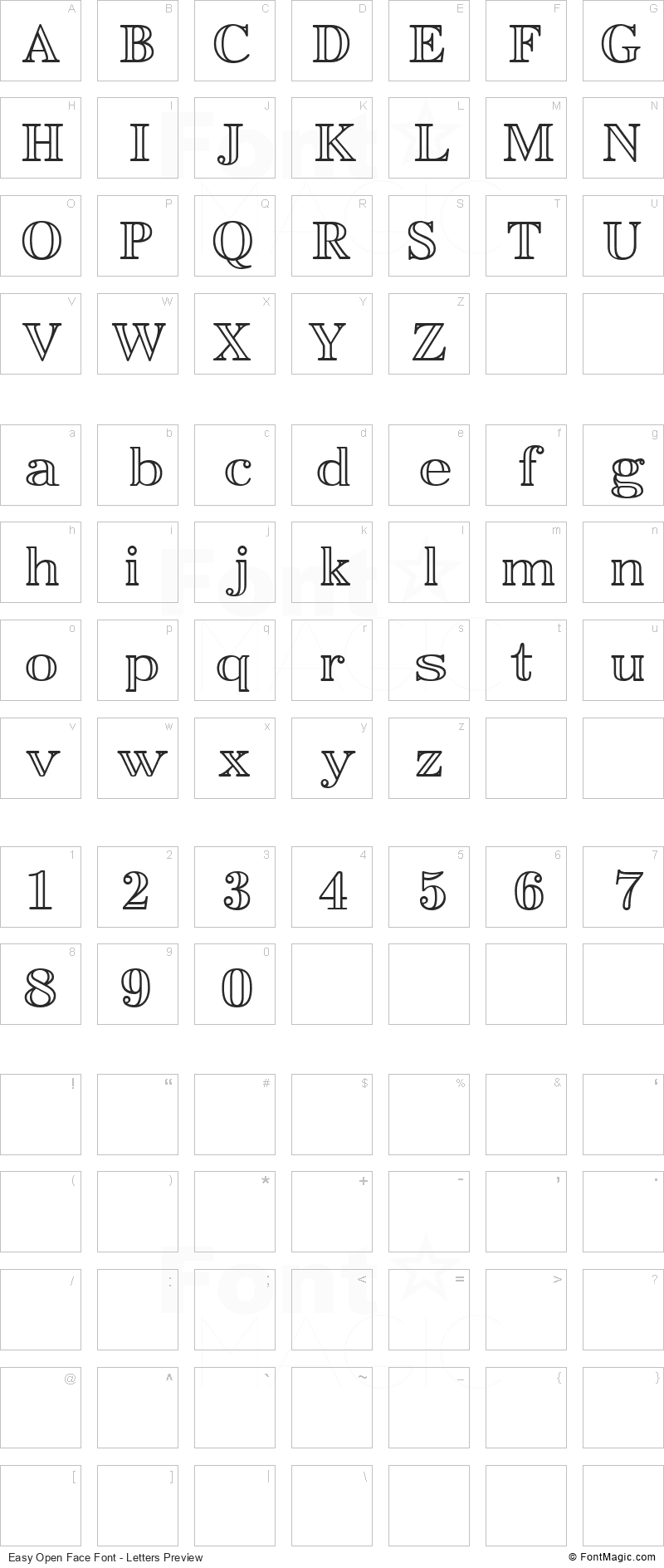 Easy Open Face Font - All Latters Preview Chart