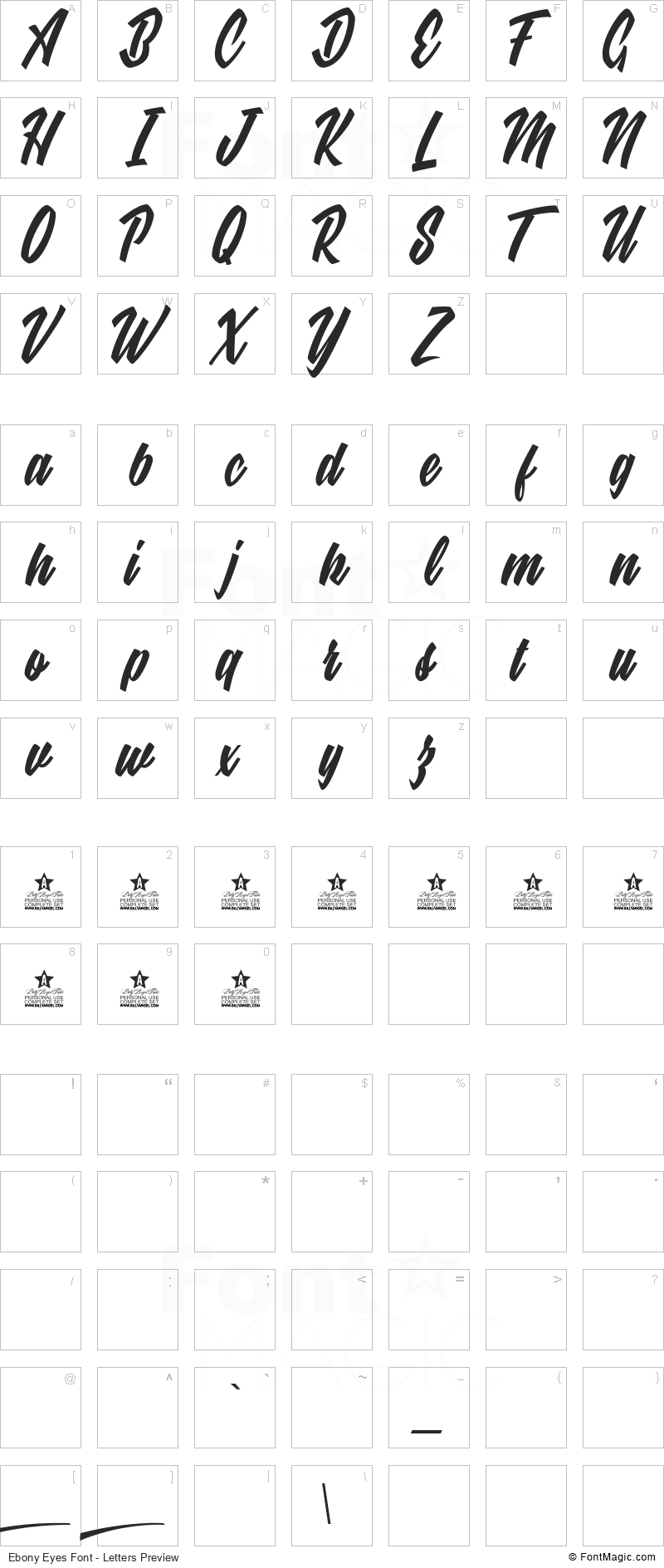 Ebony Eyes Font - All Latters Preview Chart