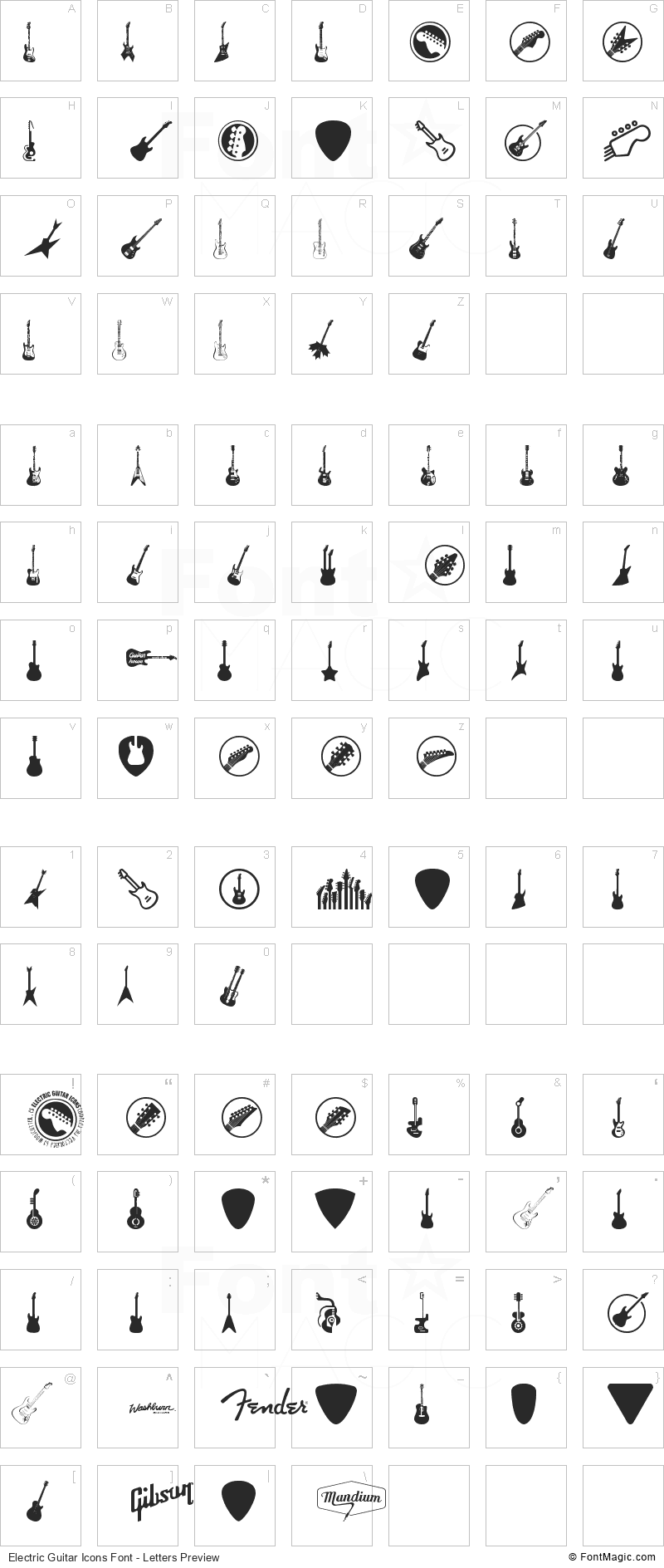 Electric Guitar Icons Font - All Latters Preview Chart