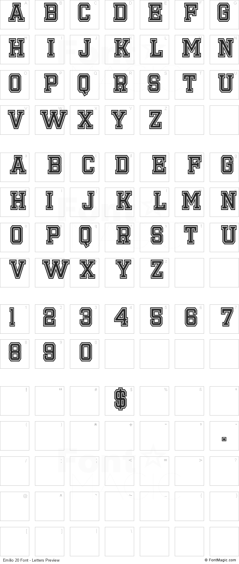 Emilio 20 Font - All Latters Preview Chart