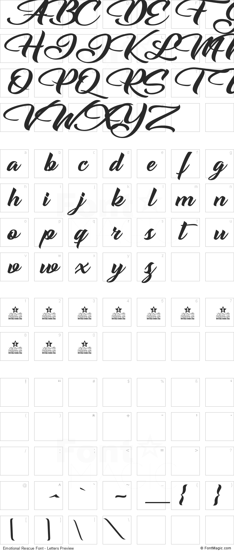 Emotional Rescue Font - All Latters Preview Chart