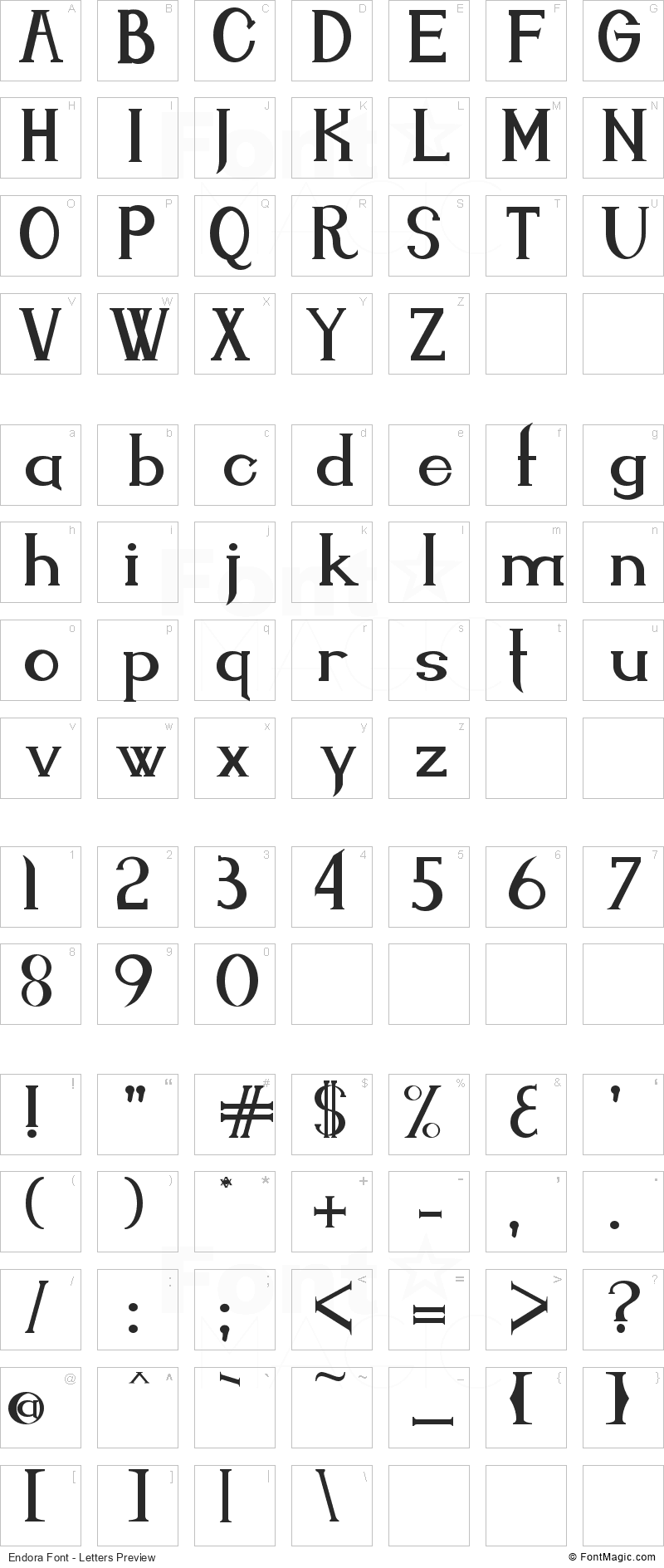 Endora Font - All Latters Preview Chart