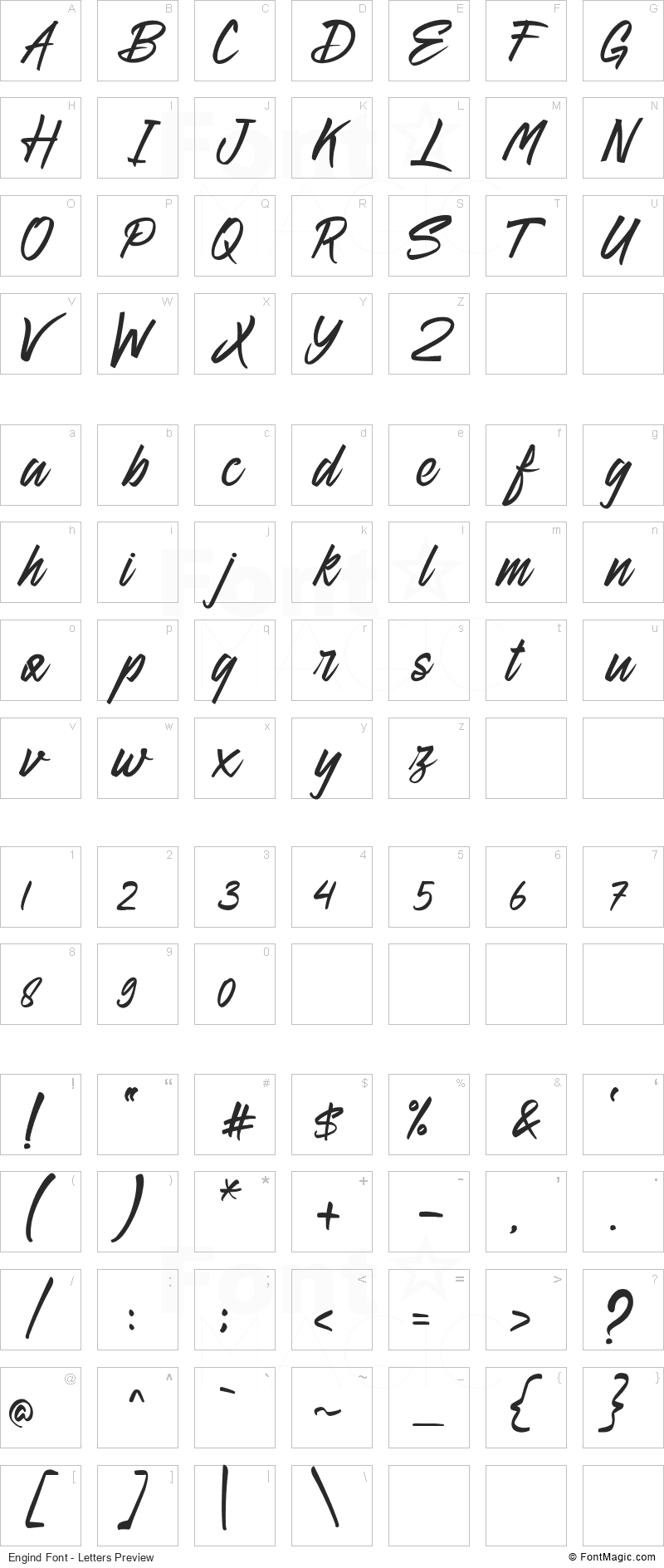 Engind Font - All Latters Preview Chart