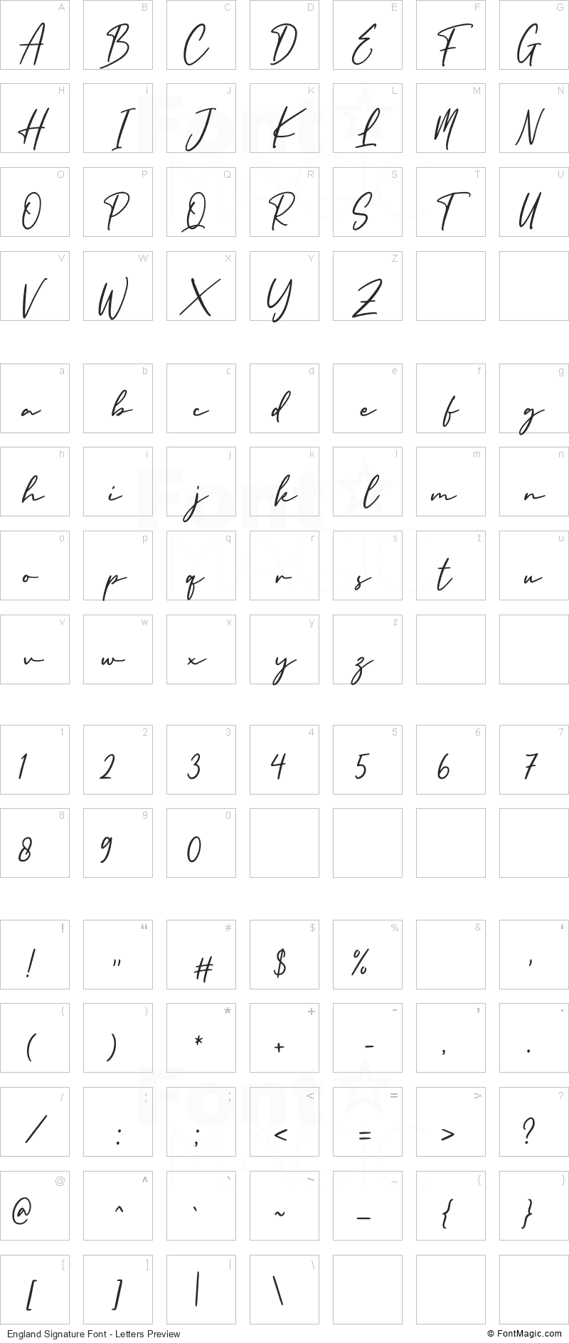 England Signature Font - All Latters Preview Chart