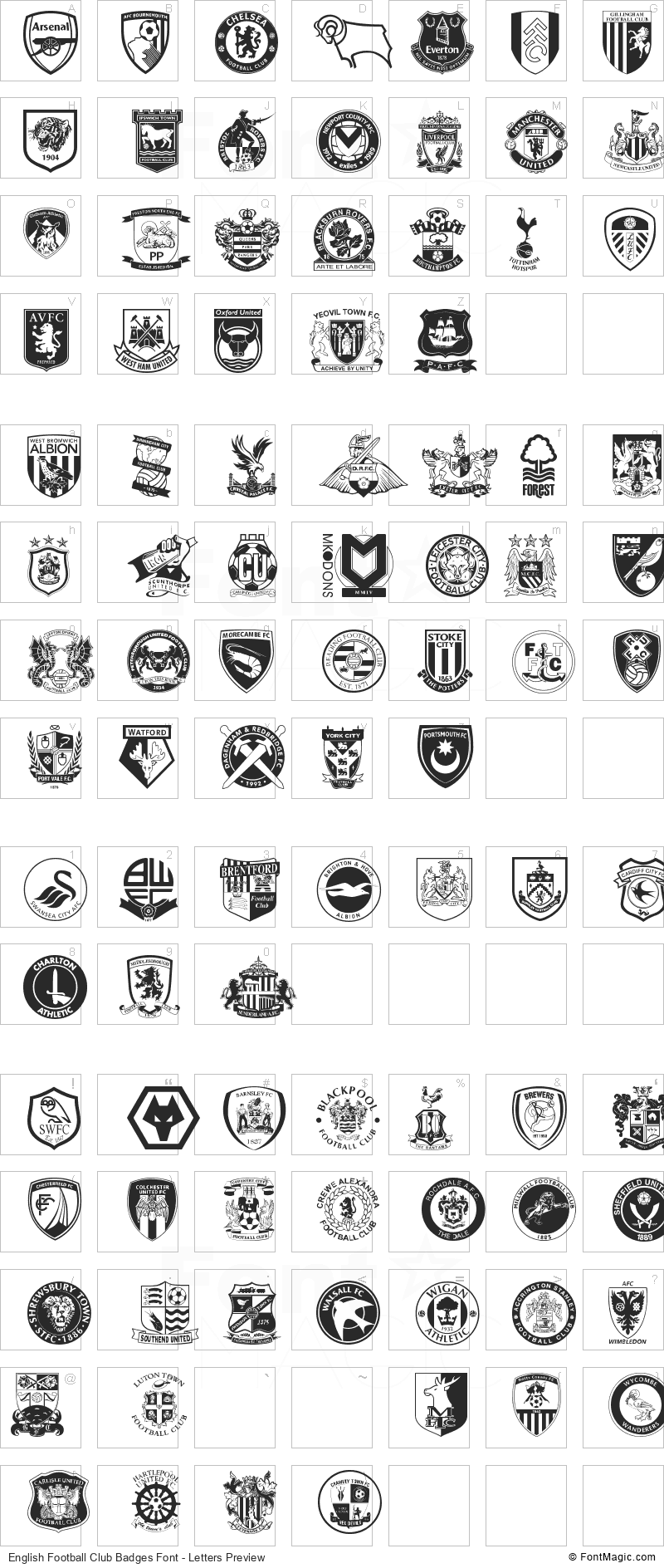 English Football Club Badges Font - All Latters Preview Chart
