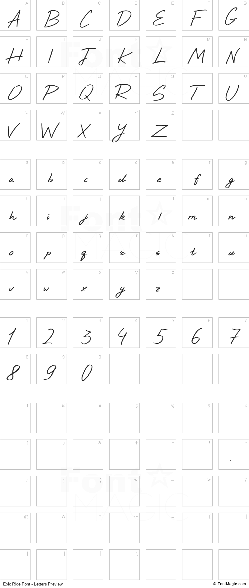 Epic Ride Font - All Latters Preview Chart