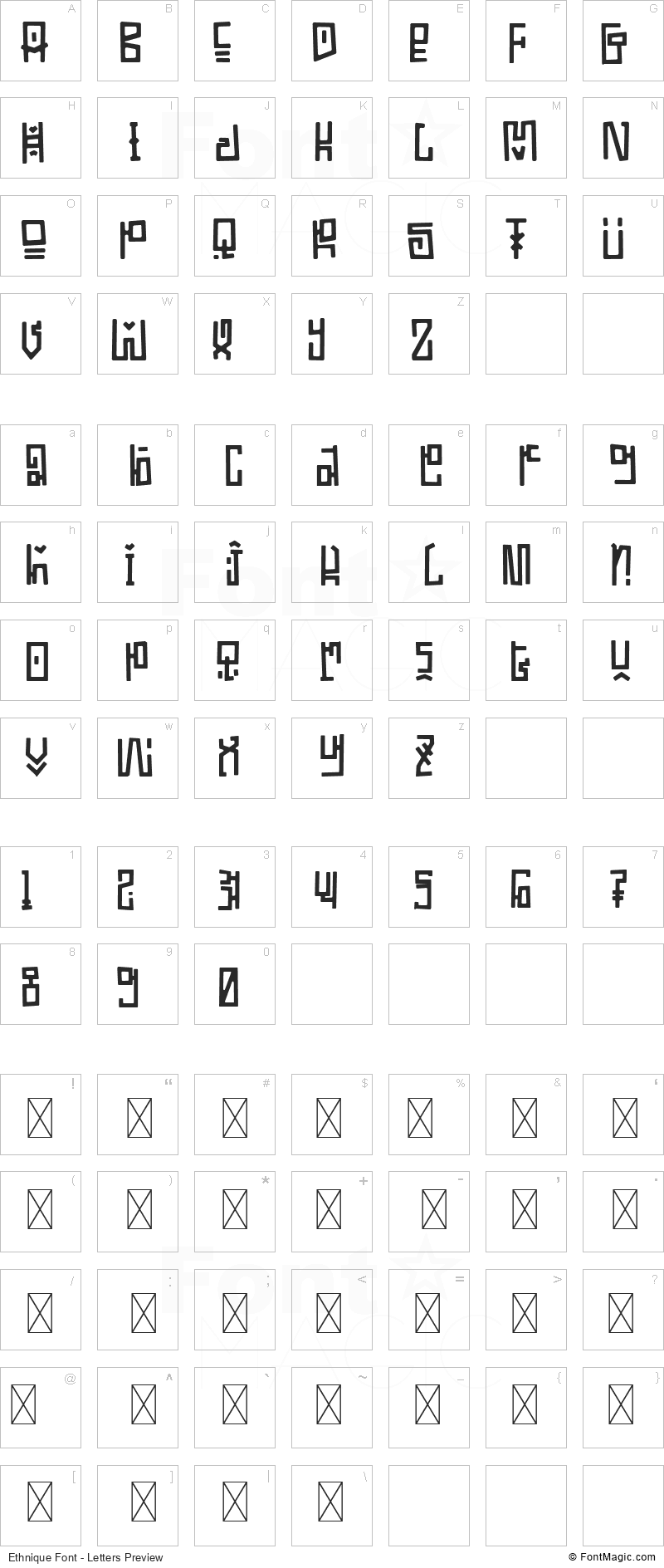 Ethnique Font - All Latters Preview Chart