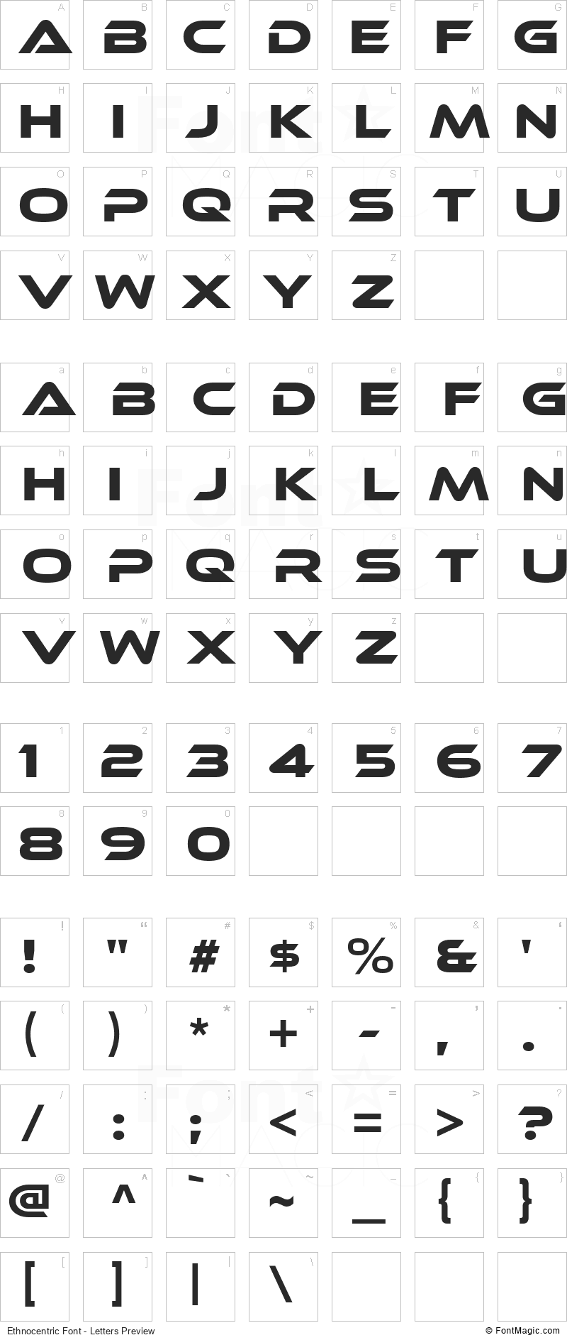 Ethnocentric Font - All Latters Preview Chart