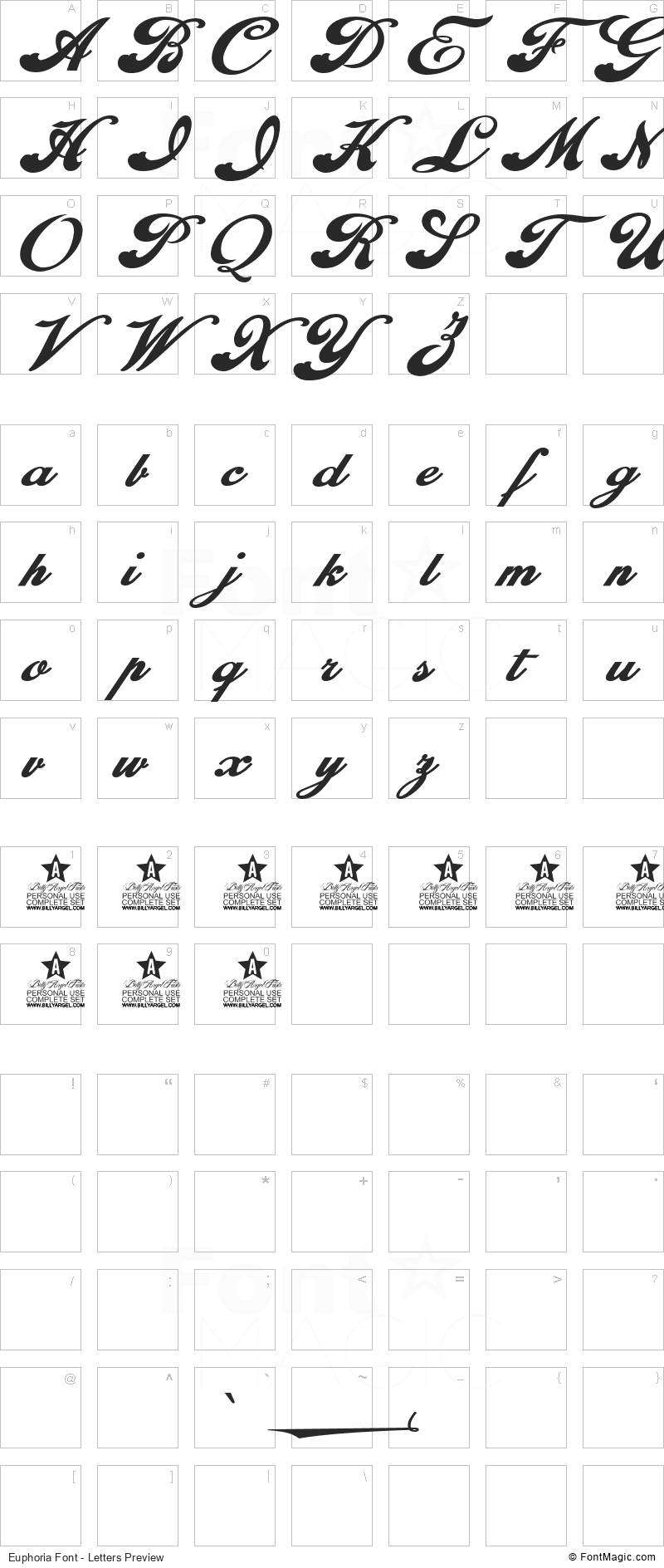 Euphoria Font - All Latters Preview Chart