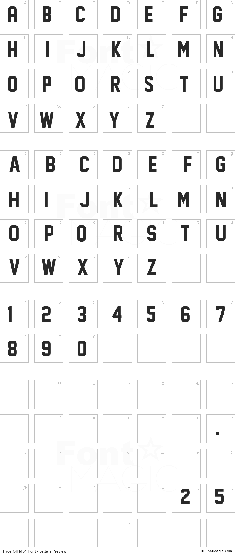 Face Off M54 Font - All Latters Preview Chart