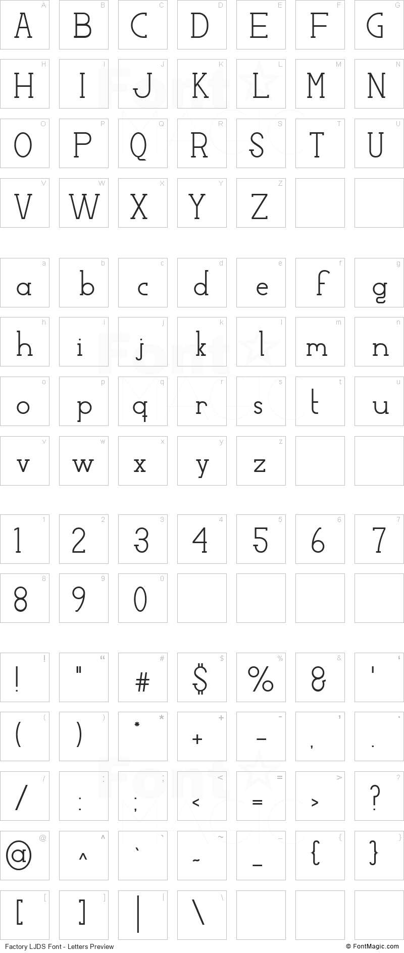 Factory LJDS Font - All Latters Preview Chart