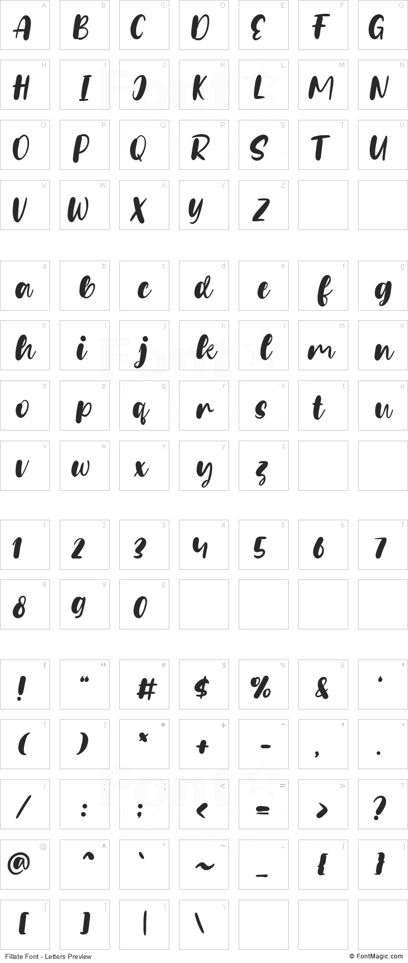 Fillate Font - All Latters Preview Chart