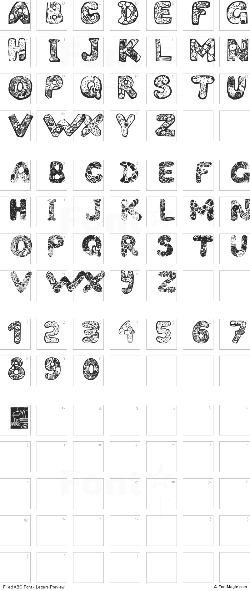 Filled ABC Font - All Latters Preview Chart