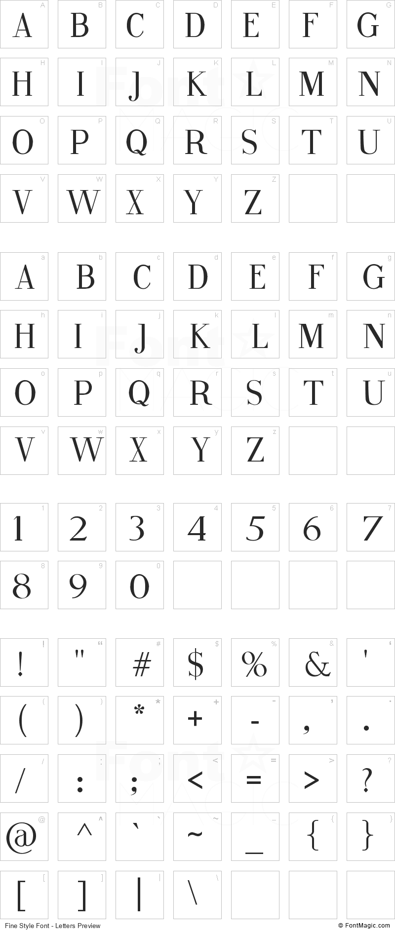Fine Style Font - All Latters Preview Chart