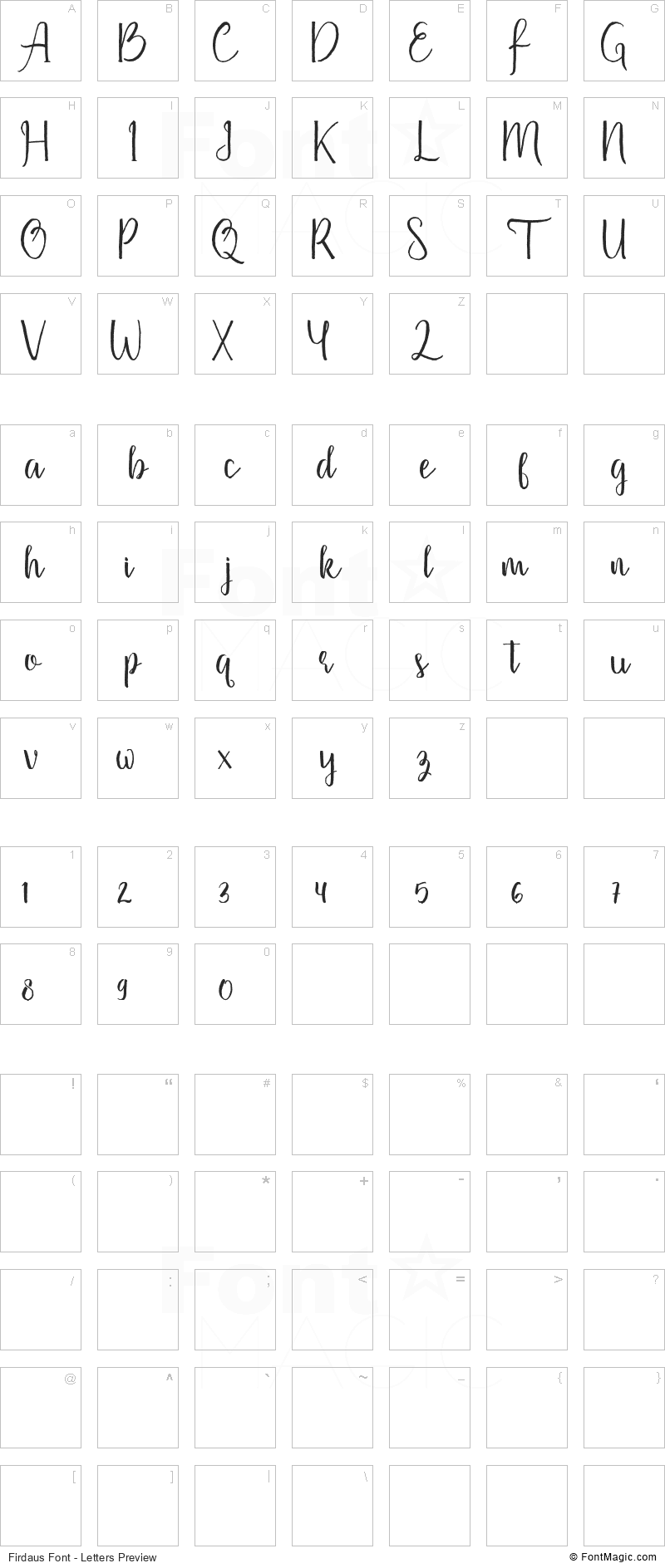 Firdaus Font - All Latters Preview Chart