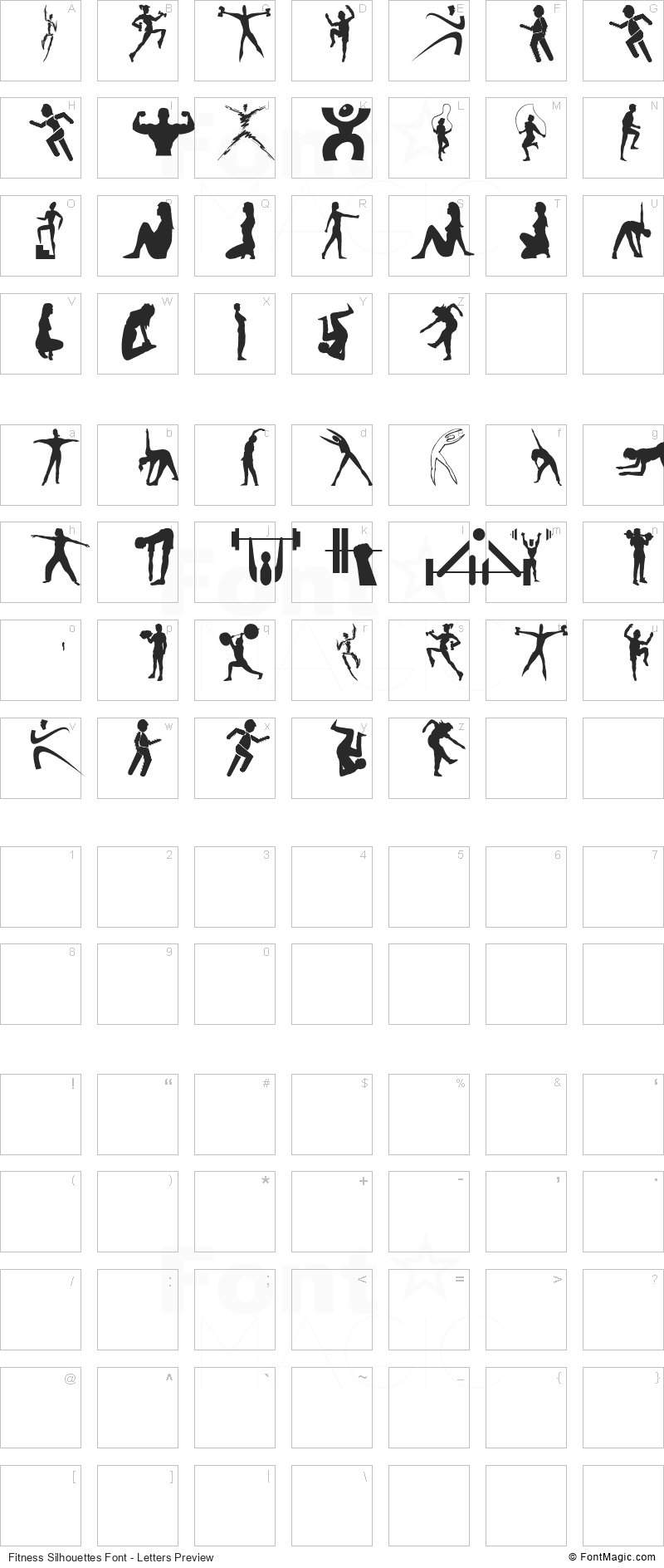 Fitness Silhouettes Font - All Latters Preview Chart