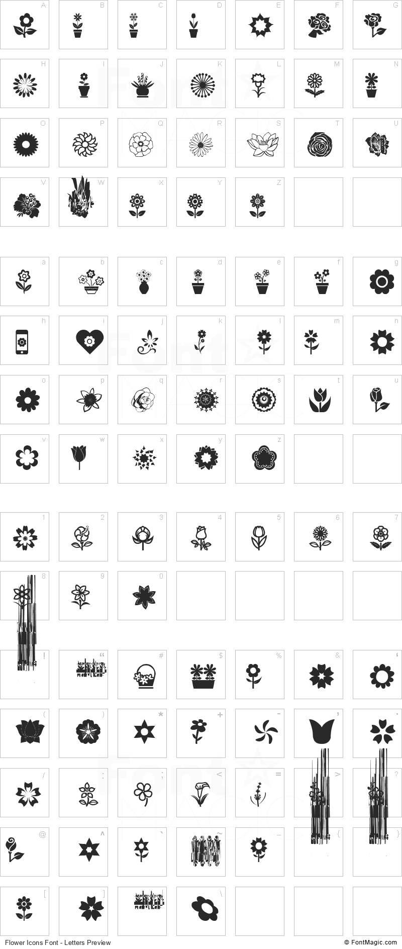 Flower Icons Font - All Latters Preview Chart