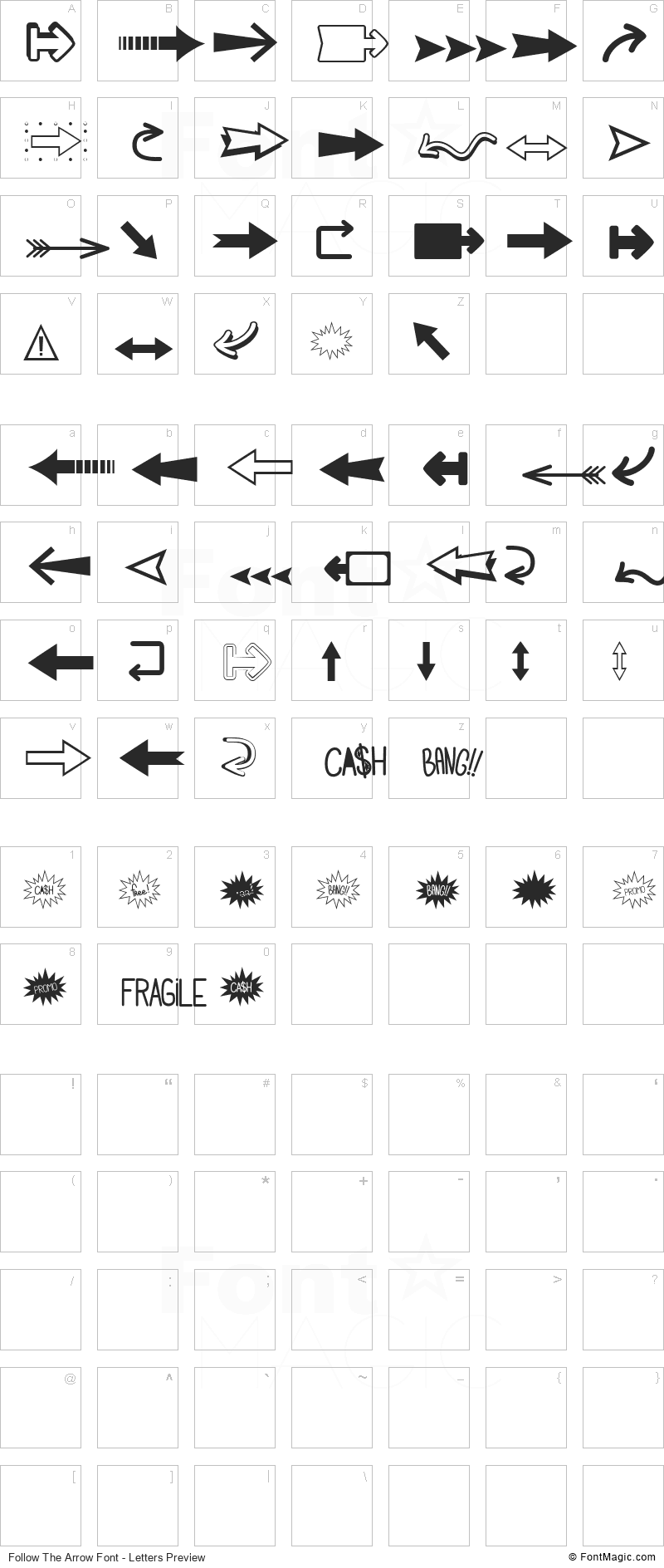 Follow The Arrow Font - All Latters Preview Chart
