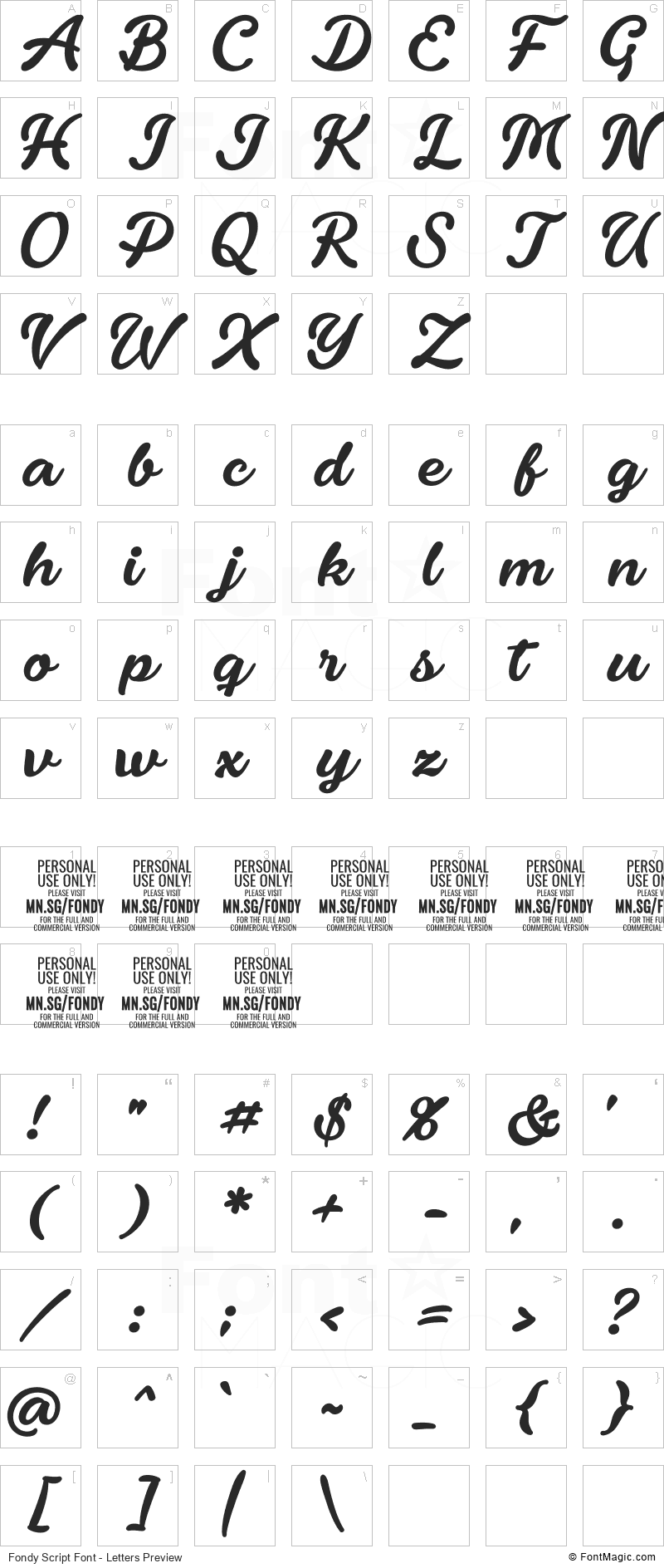 Fondy Script Font - All Latters Preview Chart
