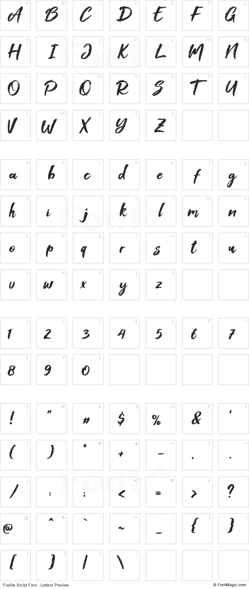 Foxlite Script Font - All Latters Preview Chart
