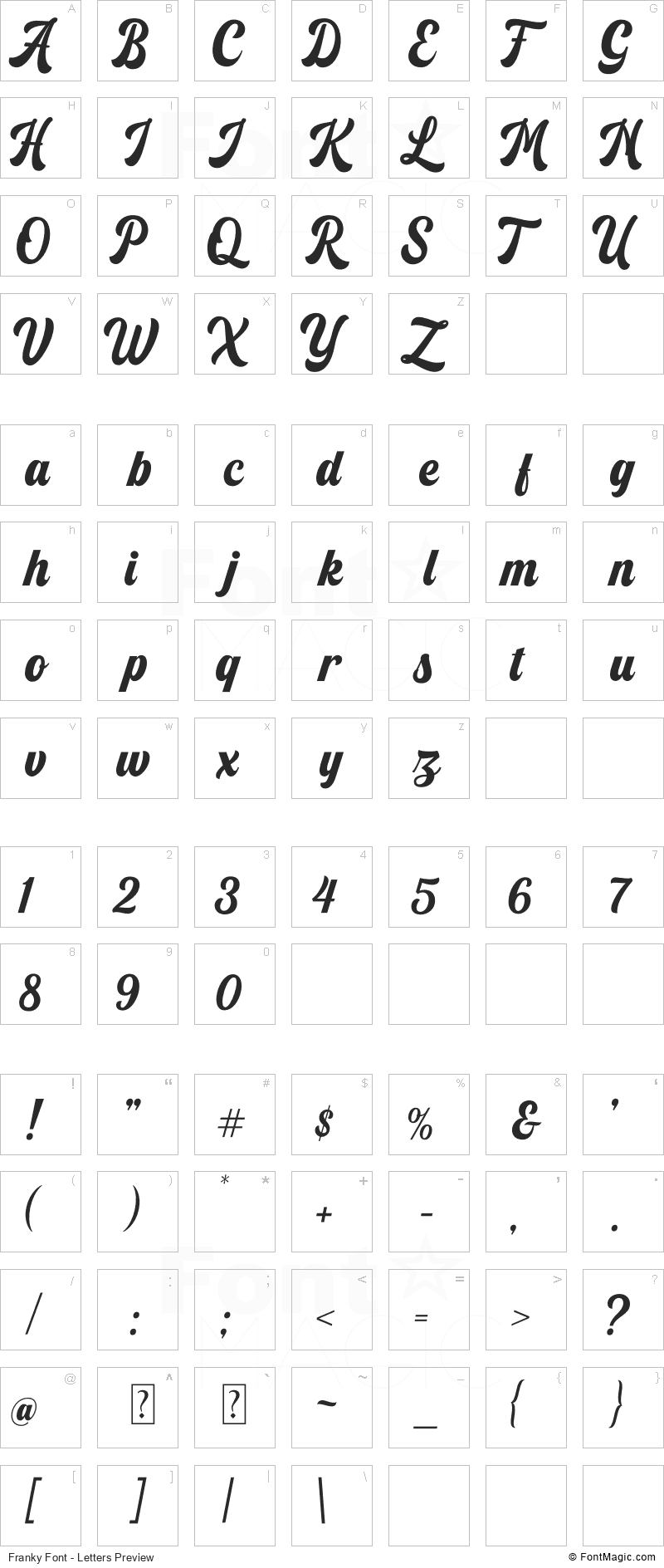 Franky Font - All Latters Preview Chart