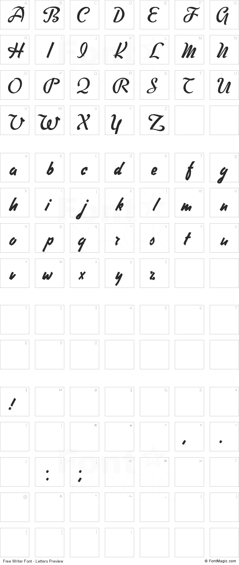 Free Writer Font - All Latters Preview Chart