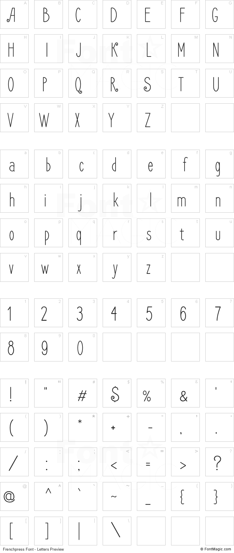 Frenchpress Font - All Latters Preview Chart