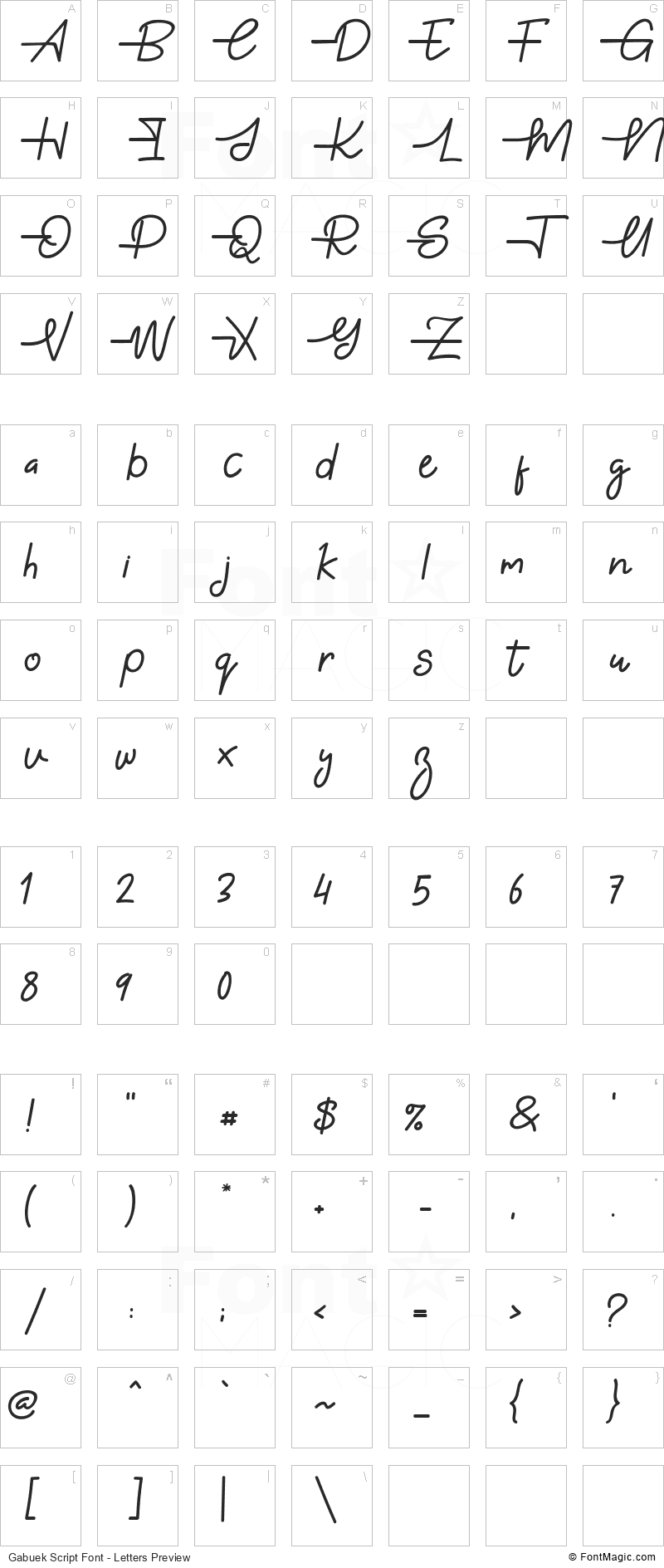 Gabuek Script Font - All Latters Preview Chart