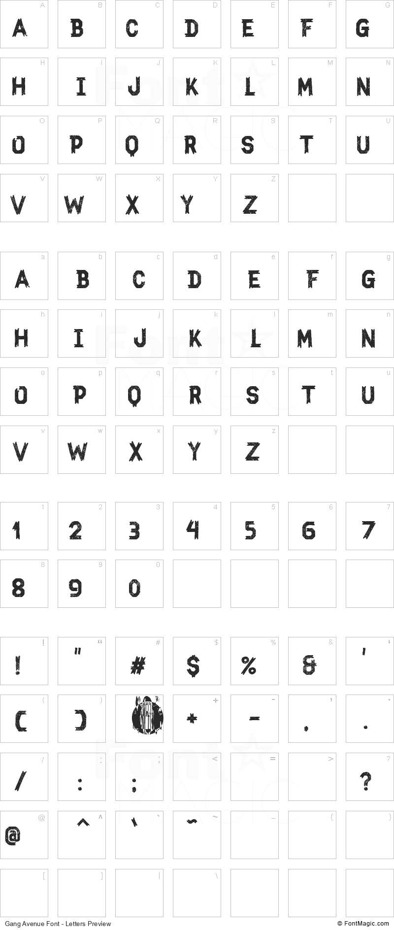 Gang Avenue Font - All Latters Preview Chart