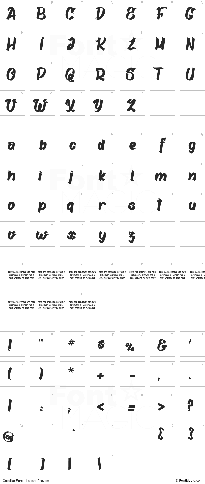 Gatalike Font - All Latters Preview Chart