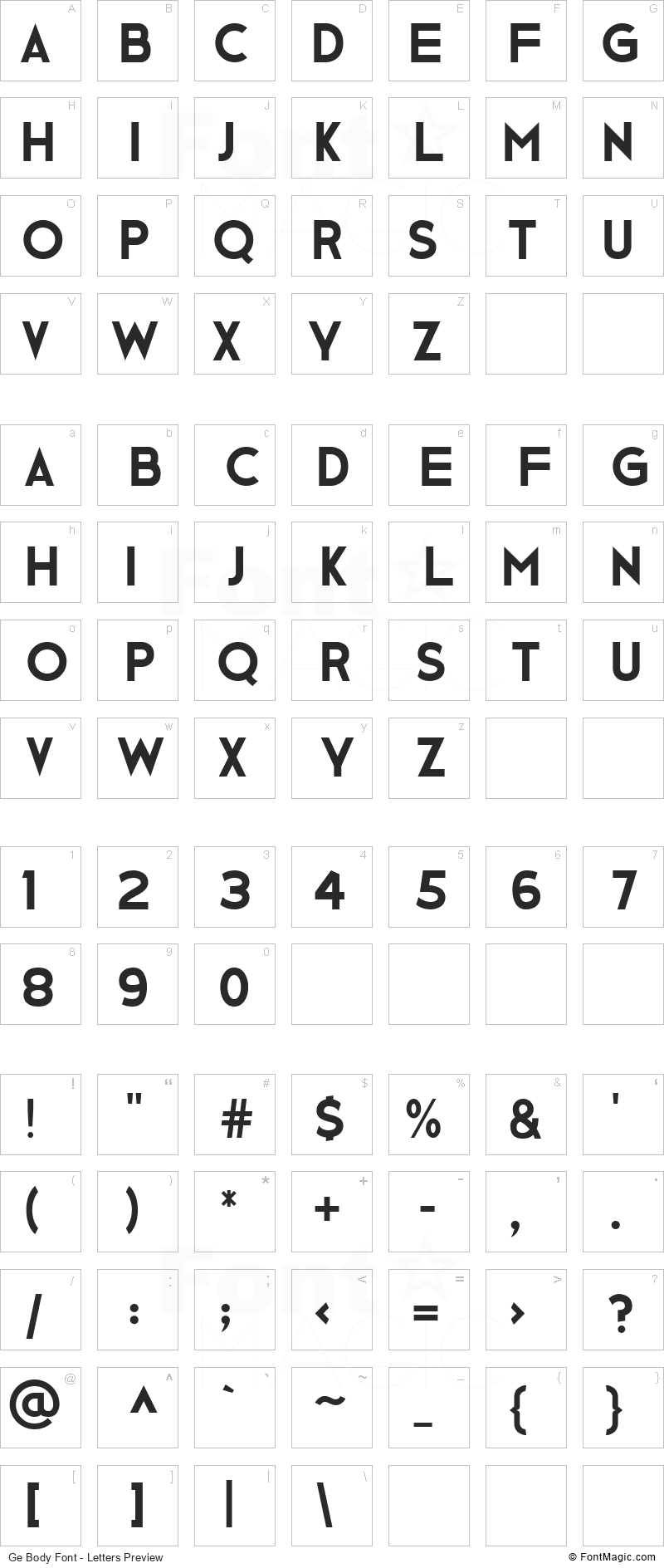 Ge Body Font - All Latters Preview Chart