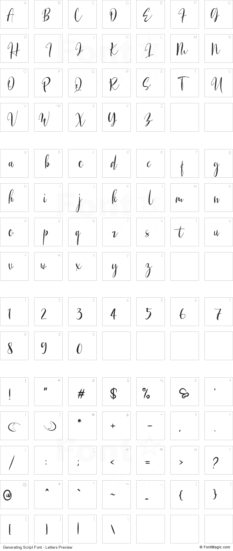 Generating Script Font - All Latters Preview Chart