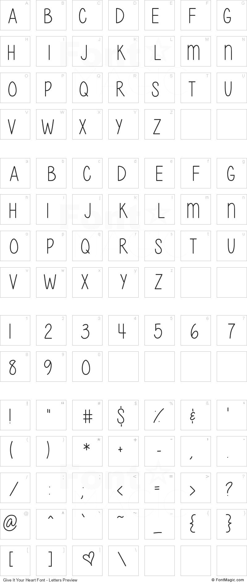 Give It Your Heart Font - All Latters Preview Chart