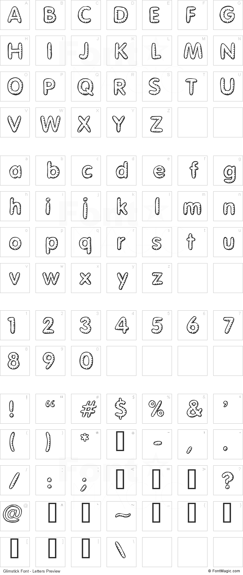 Glimstick Font - All Latters Preview Chart