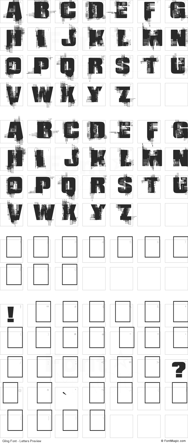 Gling Font - All Latters Preview Chart