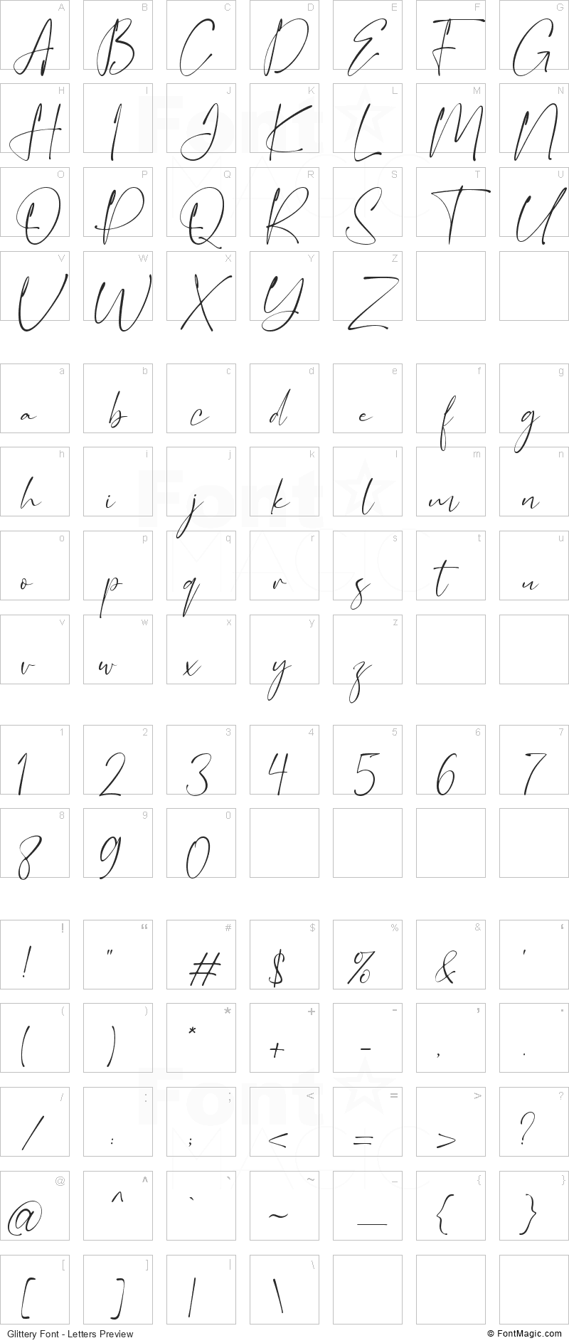 Glittery Font - All Latters Preview Chart
