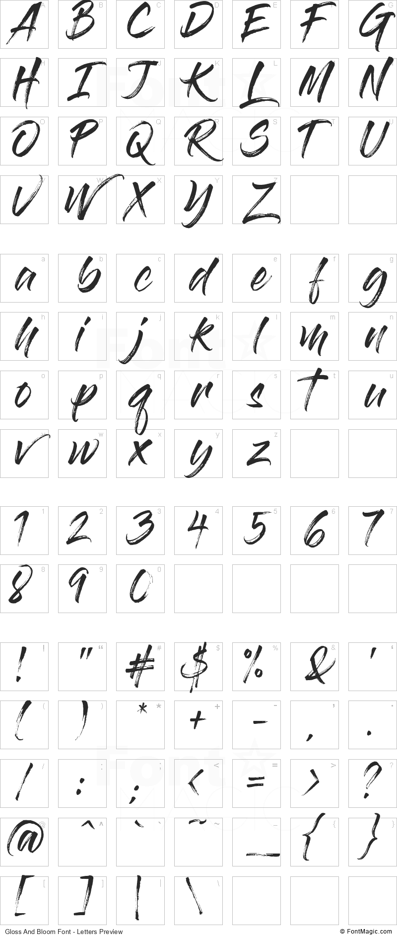 Gloss And Bloom Font - All Latters Preview Chart