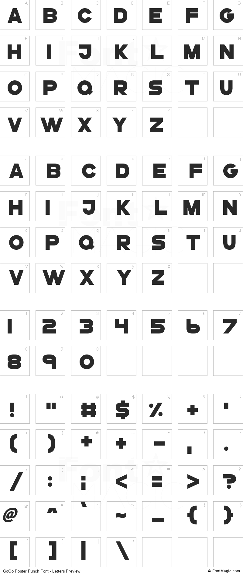 GoGo Poster Punch Font - All Latters Preview Chart