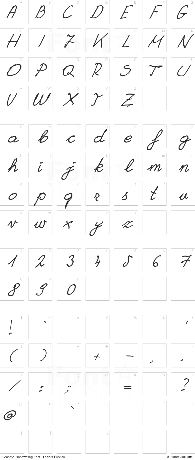 Grannys Handwriting Font - All Latters Preview Chart