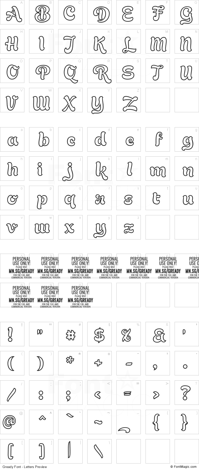 Gready Font - All Latters Preview Chart