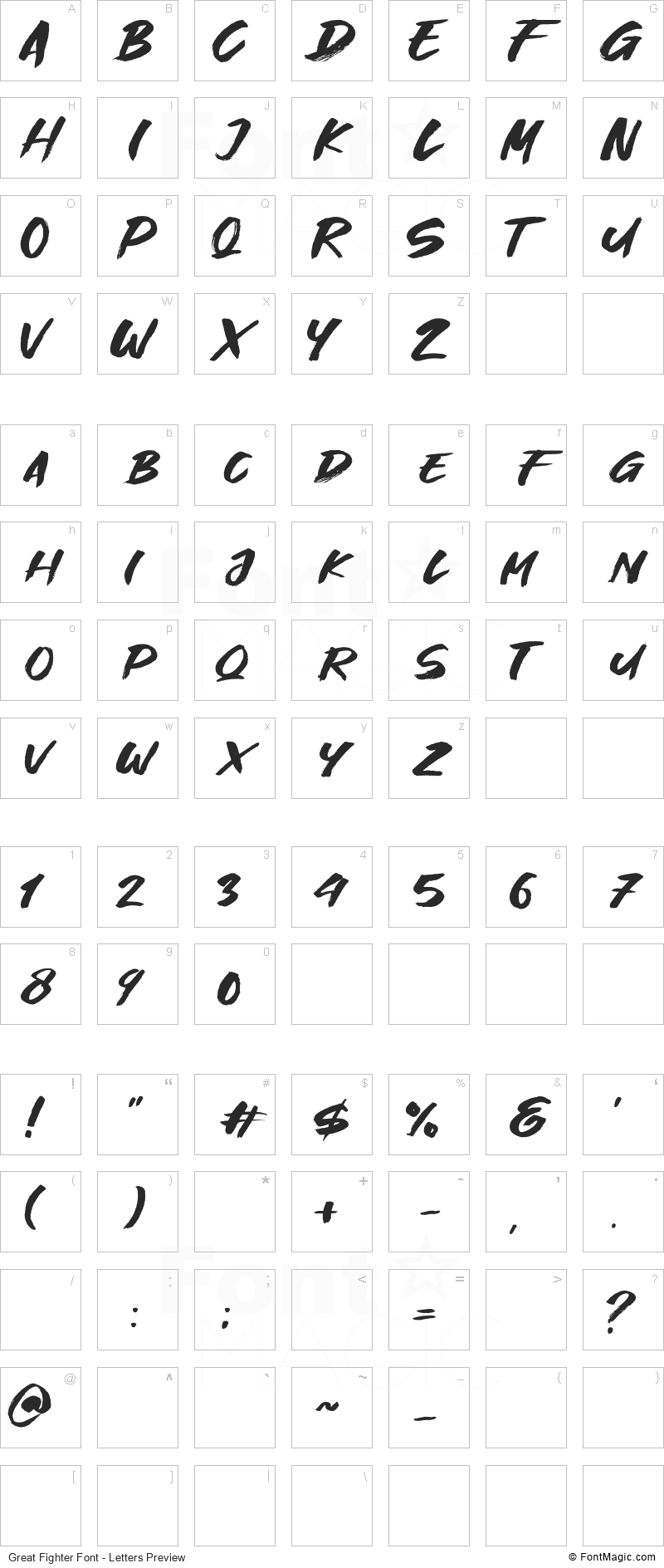 Great Fighter Font - All Latters Preview Chart