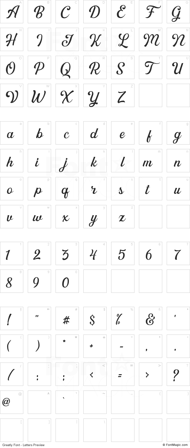 Greatly Font - All Latters Preview Chart