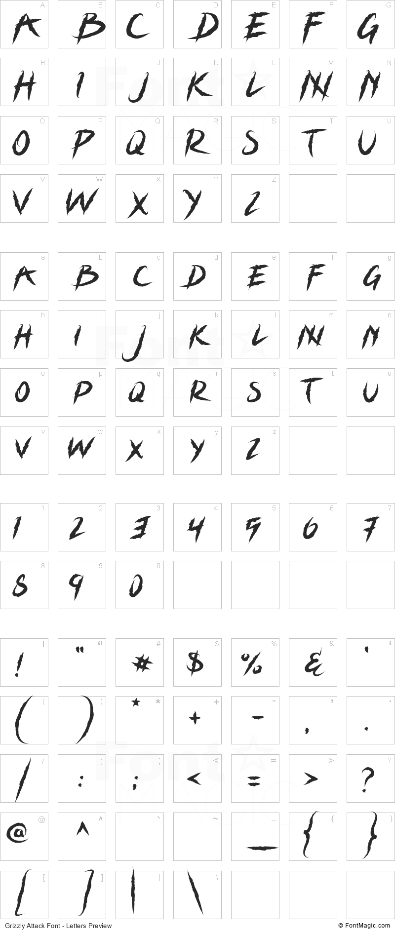 Grizzly Attack Font - All Latters Preview Chart