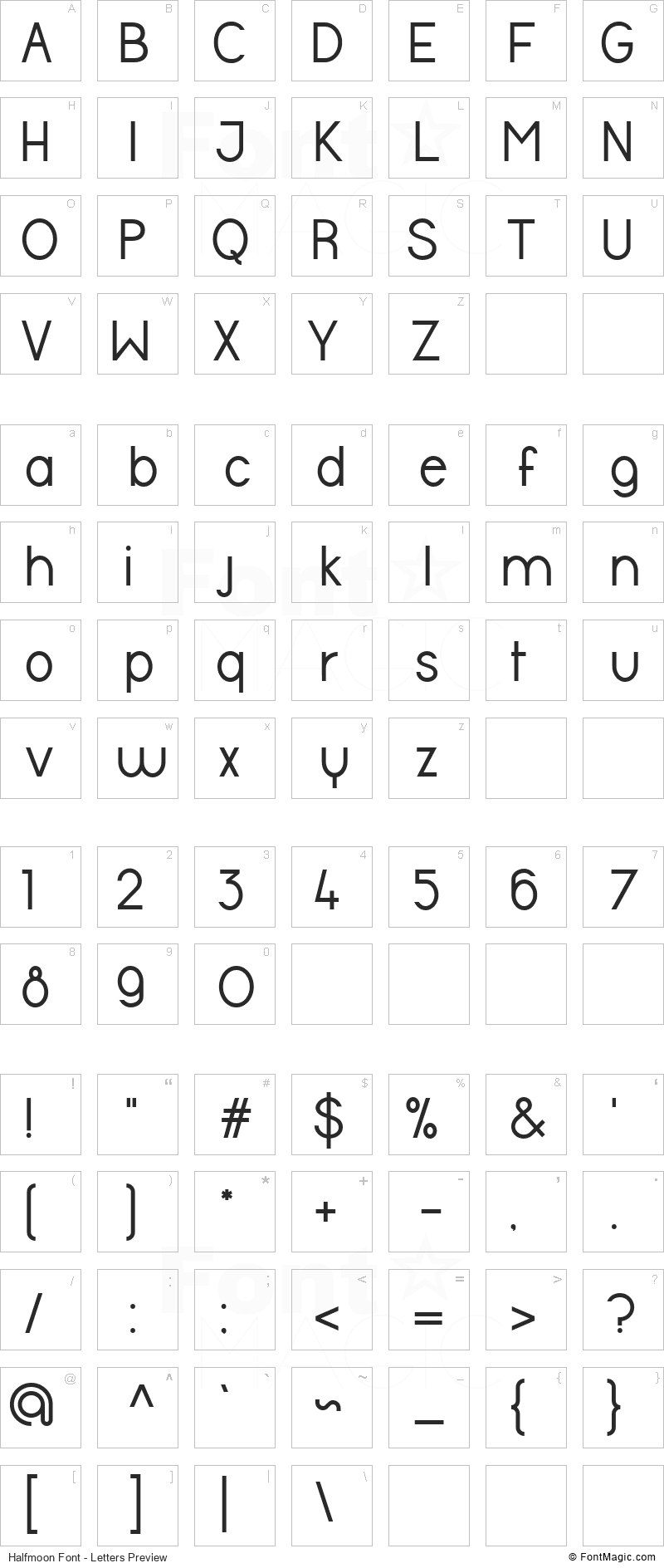 Halfmoon Font - All Latters Preview Chart