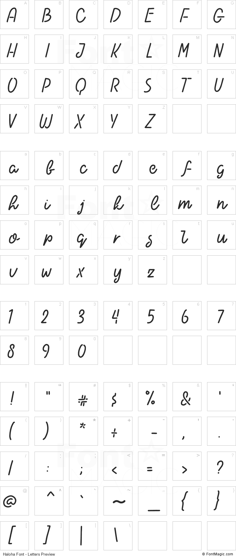 Haloha Font - All Latters Preview Chart