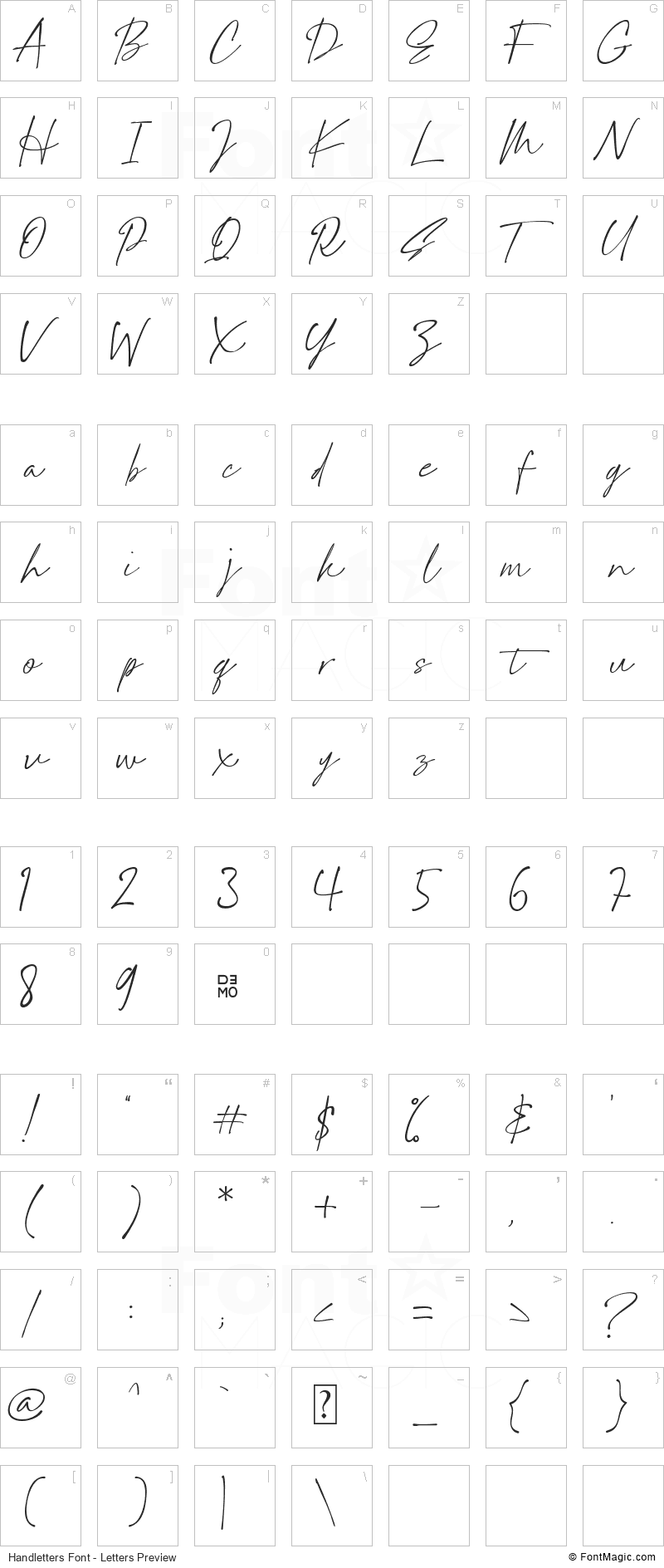 Handletters Font - All Latters Preview Chart