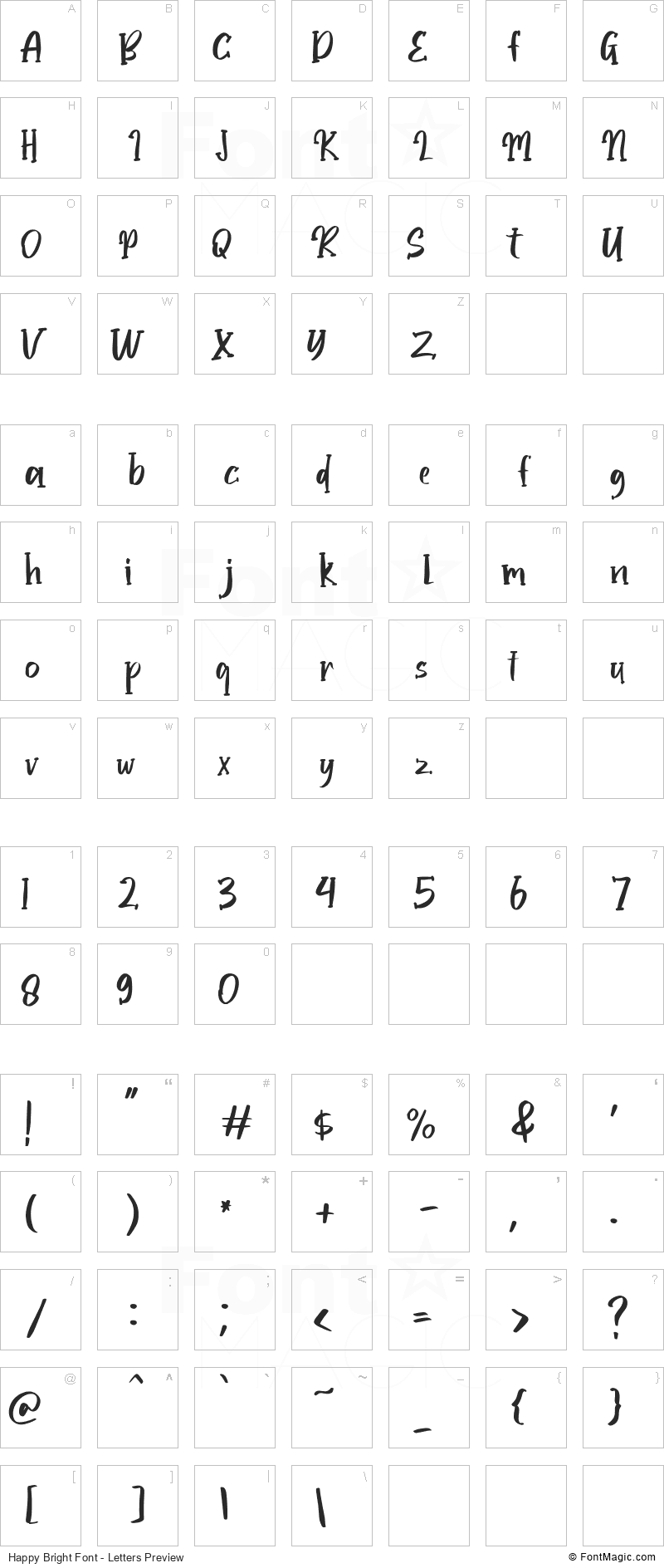 Happy Bright Font - All Latters Preview Chart