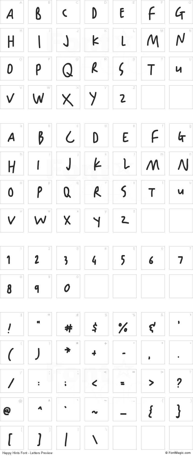 Happy Hints Font - All Latters Preview Chart
